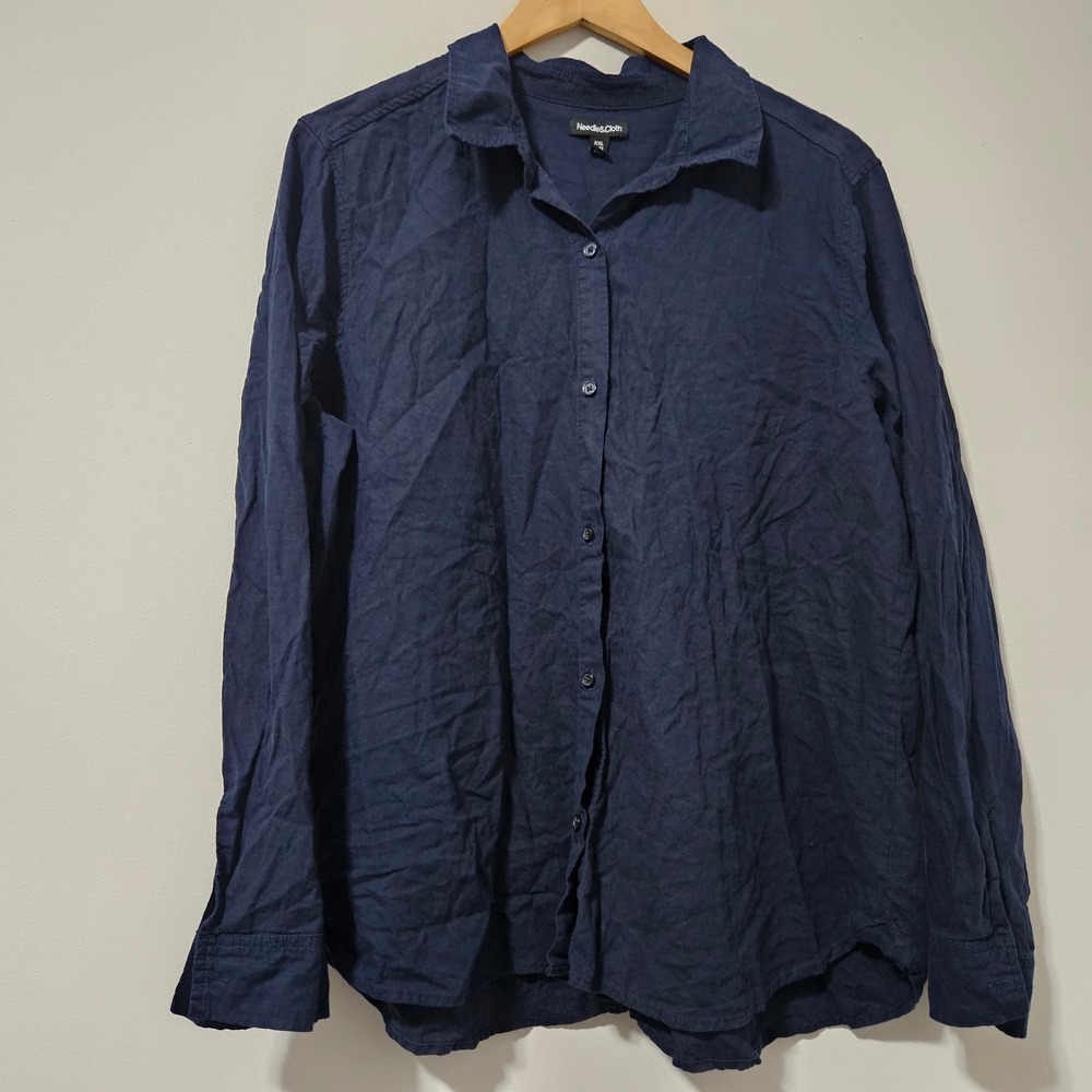 Needle & Cloth Navy Blue Linen Blend Button Down Shirt Womens XXL 20 Long Sleeve
